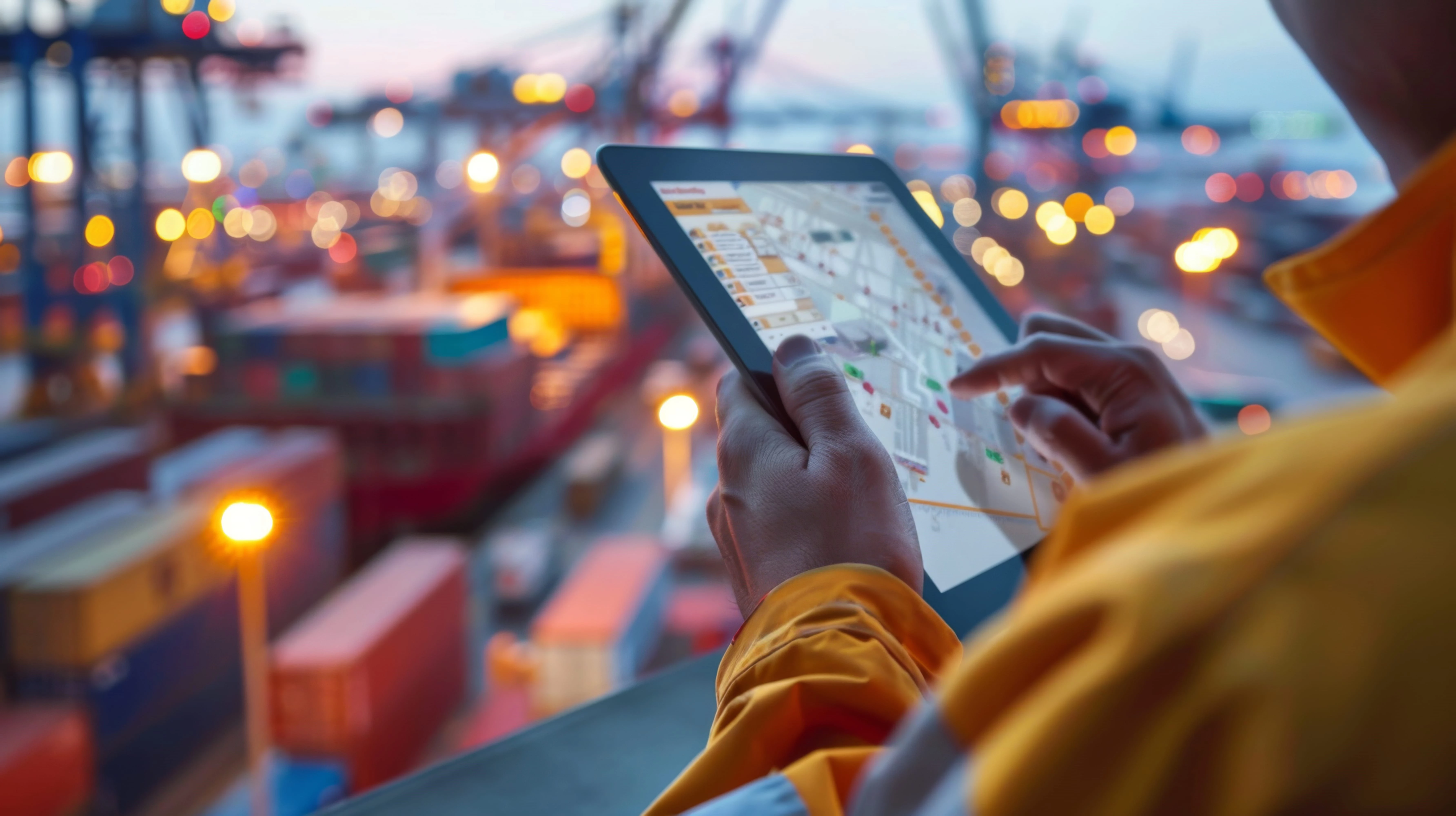 Person using a digital tablet to manage freight logistics at a busy shipping port, with containers and cranes in the background at dusk.