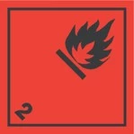 Etikett för farligt gods klass 2.1 med symbol för brandfarlig gas.