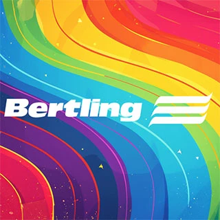 Wavy pride colors with a white Bertling logo