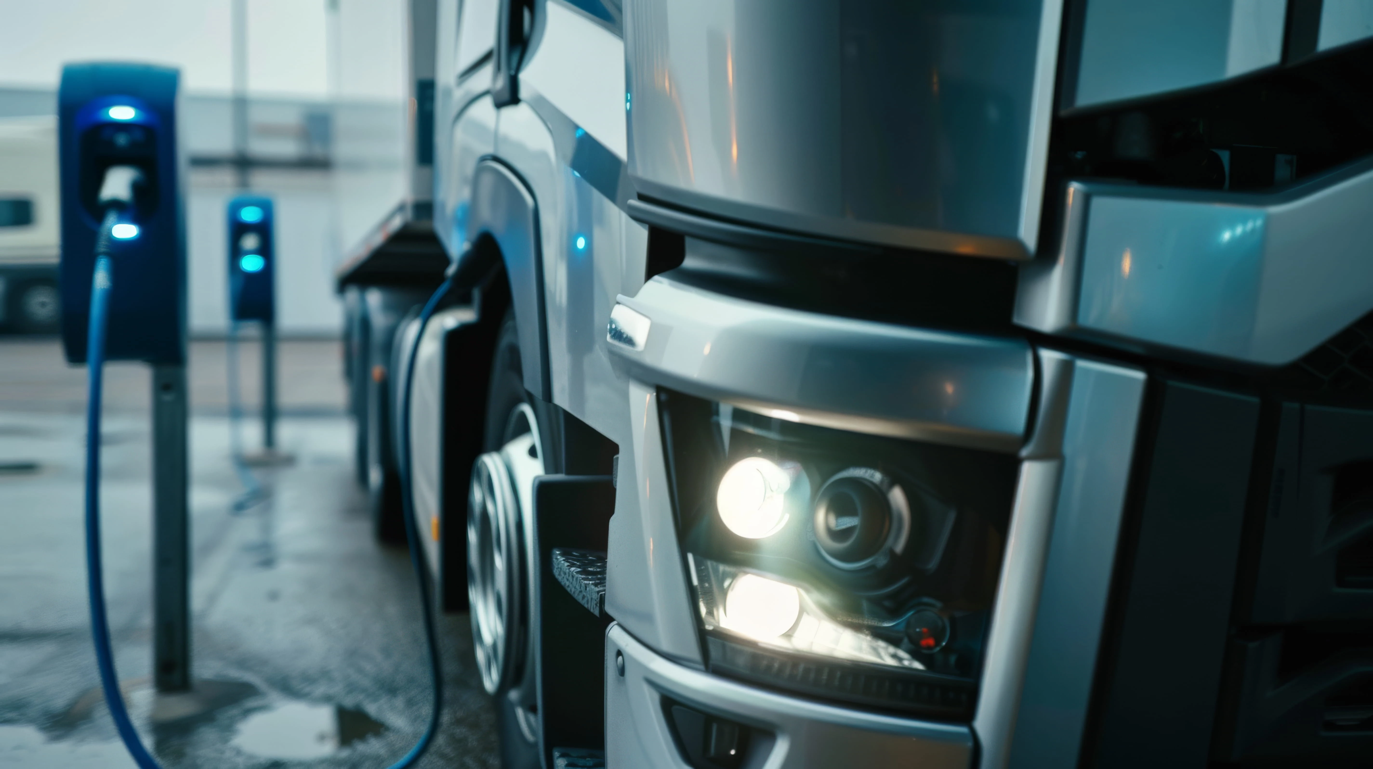 Eldriven lastbil laddas vid laddningsstation.