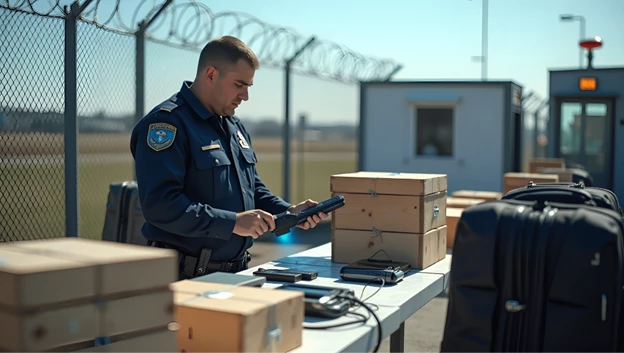 An American customs officer inspects goods at customs. He stands behind a long table with electronics and wooden boxes. In the background, a fence topped with barbed wire.