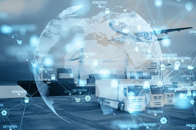 A digital image of global logistics with a globe, airplane, cargo ship, trucks, and icons representing strategy, transport, and network connections.