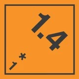 Etikett för farligt gods klass 1.4 med orange bakgrund, svart ram och symbol för explosiva ämnen.
