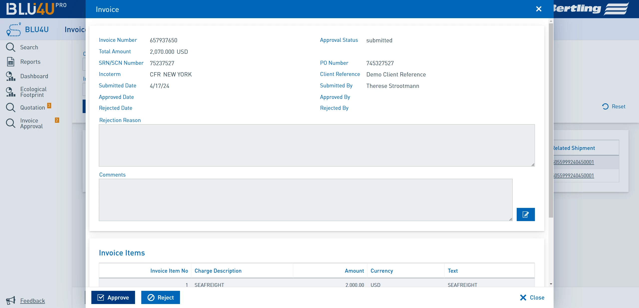 Invoice approval tool BLU4U tracking system