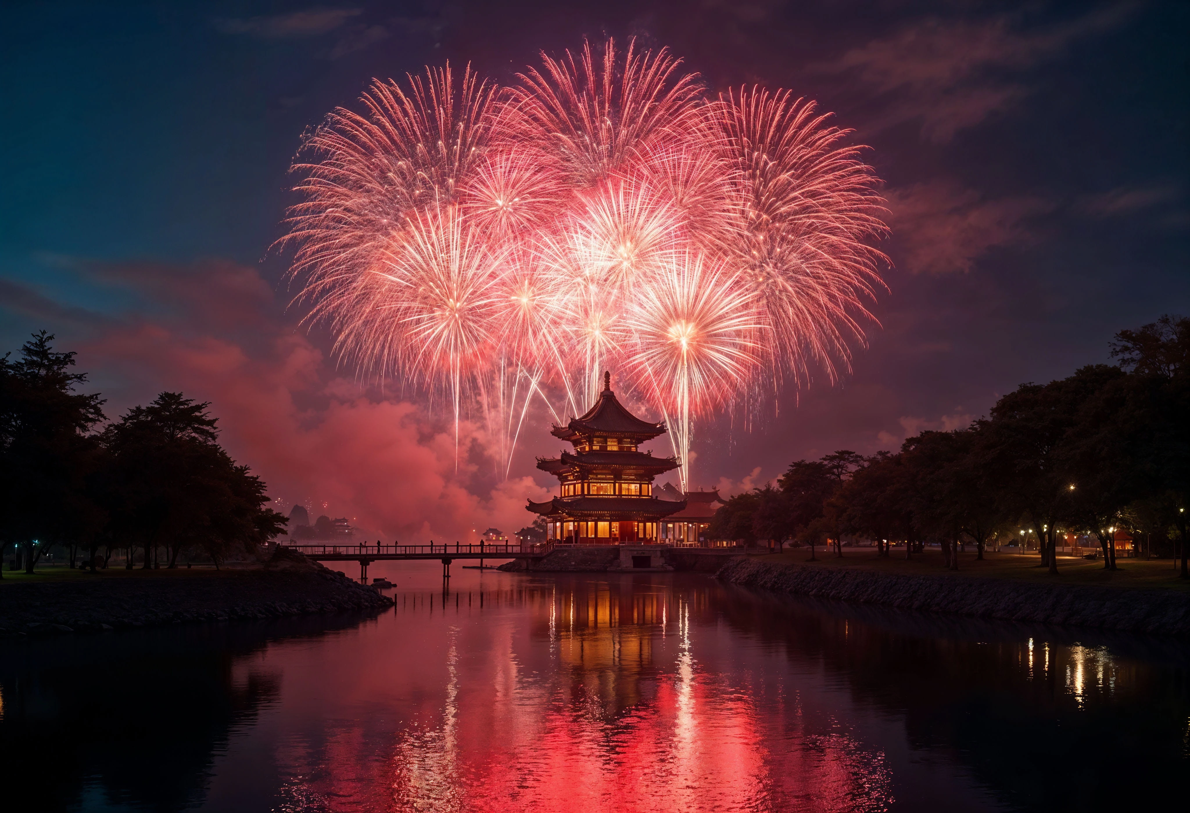Fyrverkerier i rött och guld lyser upp natthimlen över ett traditionellt kinesiskt tempel vid vatten, med speglingar i floden under firandet av kinesiska nyåret.