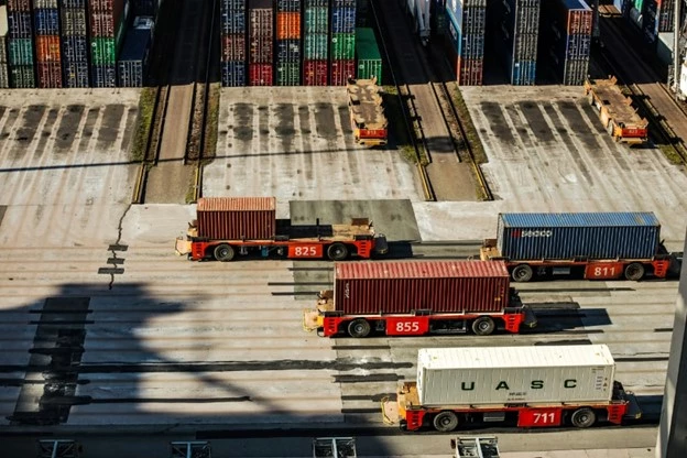 A port full of containers in various colors.