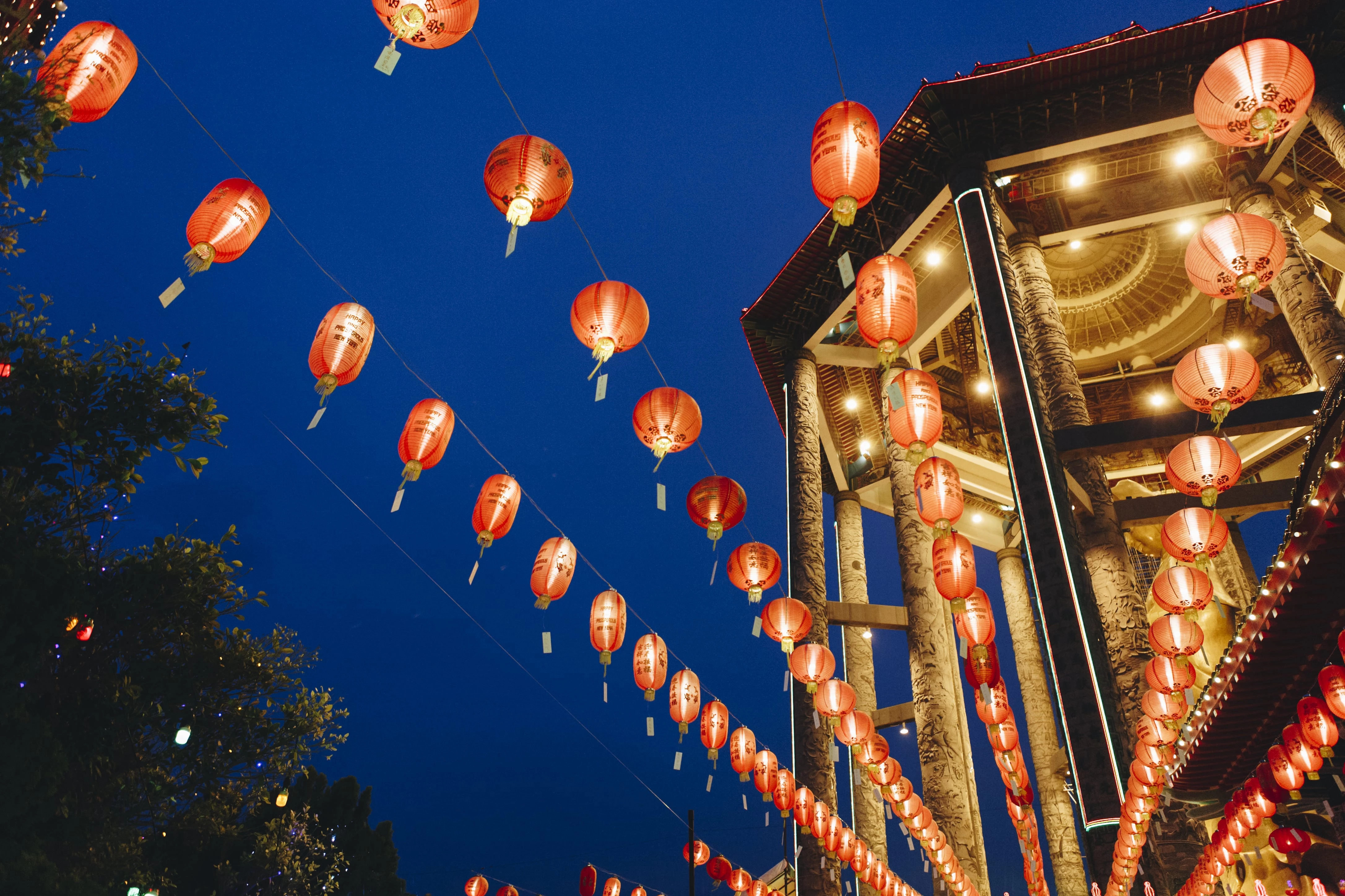 Red Chinese lanterns hanging across the sky at night.