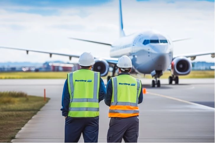 people in front of an airplane with yellow safety vests