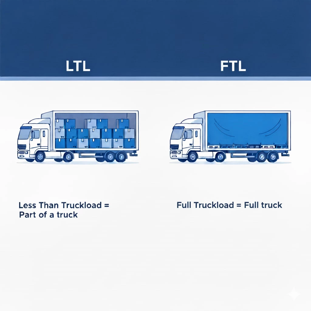 Illustration comparing Less Than Truckload (LTL) and Full Truckload (FTL) shipping. The LTL truck is shown with multiple packages inside, and below it, the text reads: Less Than Truckload = Part of a truck. The FTL truck is shown fully loaded, and below it, the text reads: Full Truckload = Full truck.